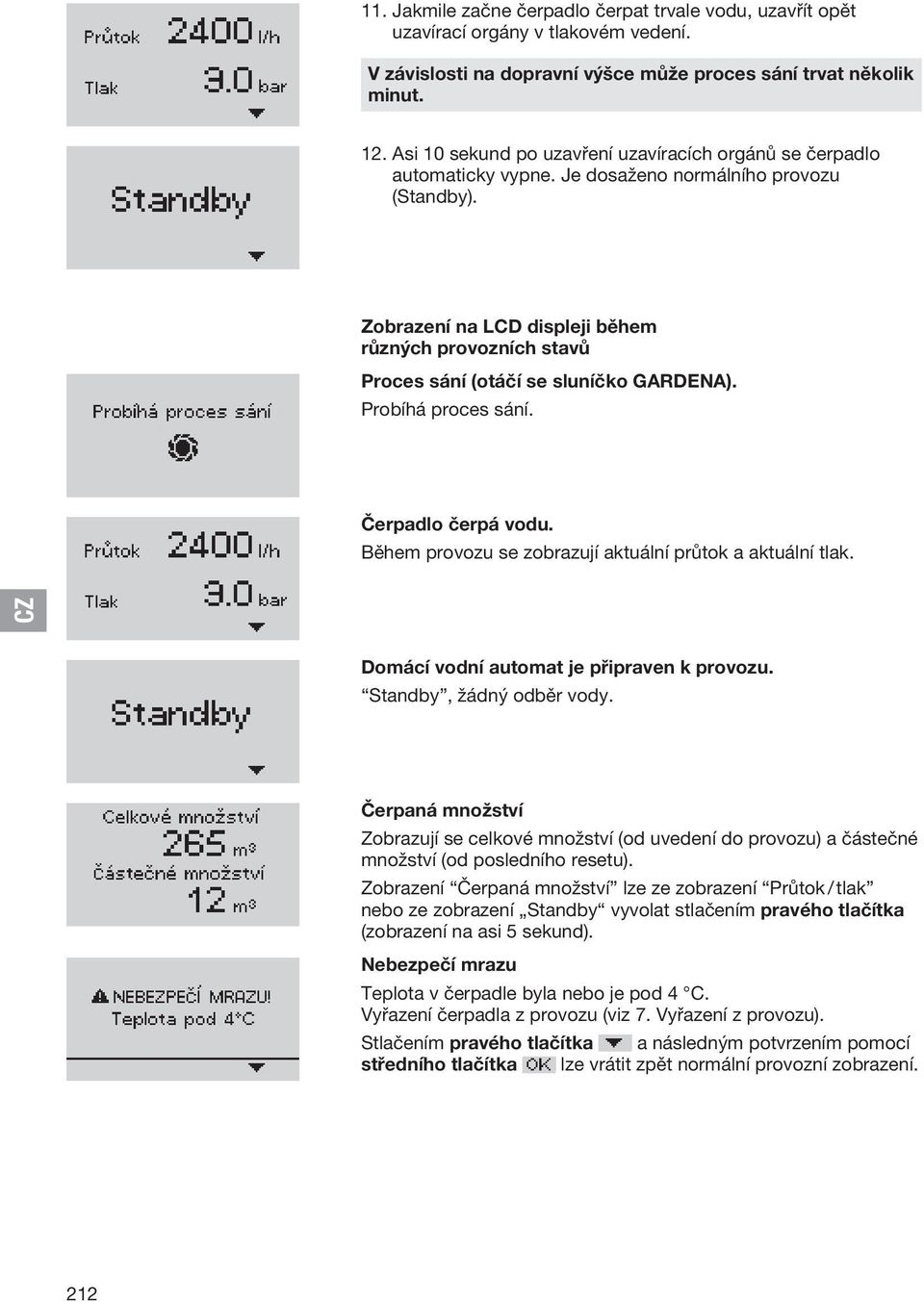 Zobrazení na LCD displeji během různých provozních stavů Proces sání (otáčí se sluníčko Gardena). Probíhá proces sání. Čerpadlo čerpá vodu. Během provozu se zobrazují aktuální průtok a aktuální tlak.