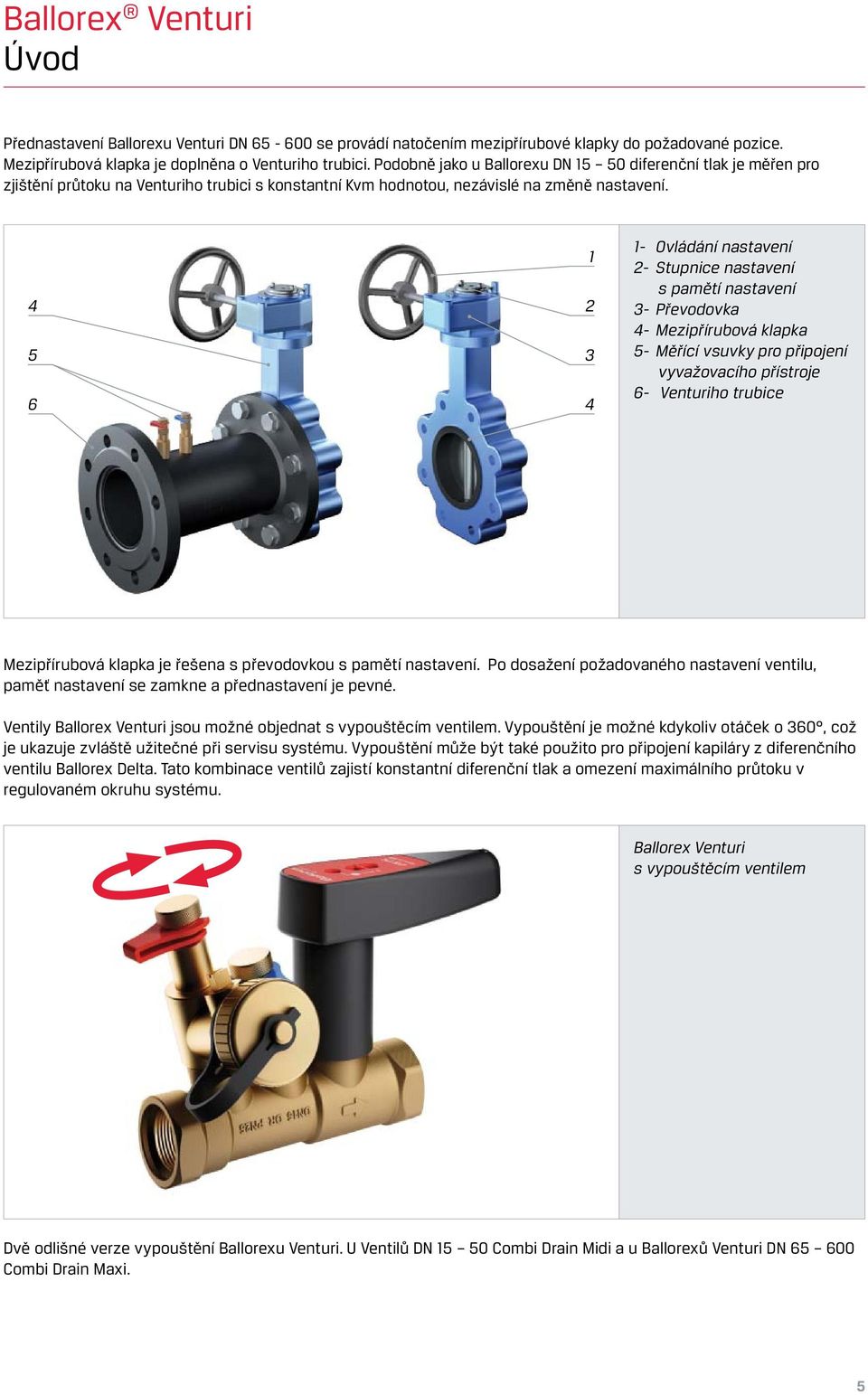 5 6 1 2 3 1- Ovládání nastavení 2- Stupnice nastavení s pamětí nastavení 3- Převodovka - Mezipřírubová klapka 5- Měřící vsuvky pro připojení vyvažovacího přístroje 6- Venturiho trubice Mezipřírubová