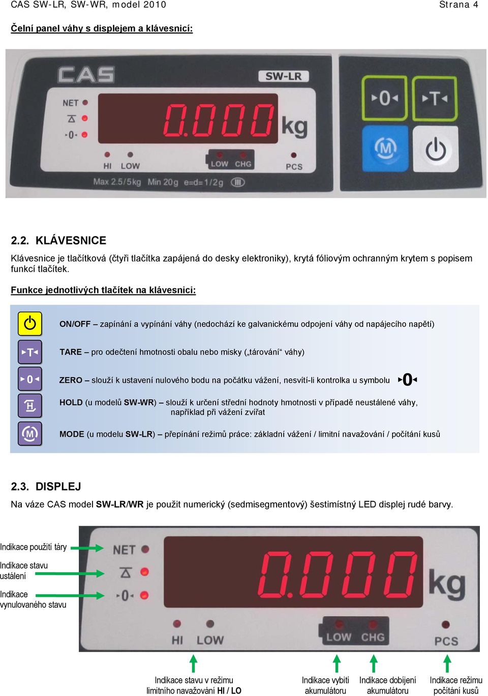 váhy) ZERO slouží k ustavení nulového bodu na počátku vážení, nesvítí-li kontrolka u symbolu HOLD (u modelů SW-WR) slouží k určení střední hodnoty hmotnosti v případě neustálené váhy, například při