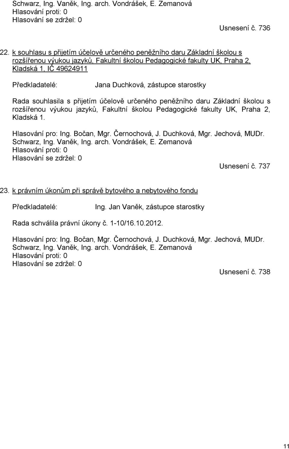 zástupce starostky Rada souhlasila s přijetím účelově určeného peněžního daru Základní školou s rozšířenou výukou jazyků, Fakultní školou Pedagogické fakulty UK, Praha 2, Kladská 1.