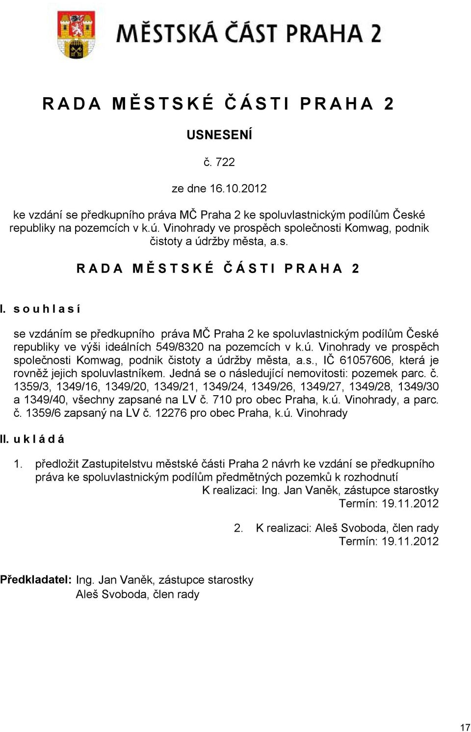 souhlasí se vzdáním se předkupního práva MČ Praha 2 ke spoluvlastnickým podílům České republiky ve výši ideálních 549/8320 na pozemcích v k.ú.