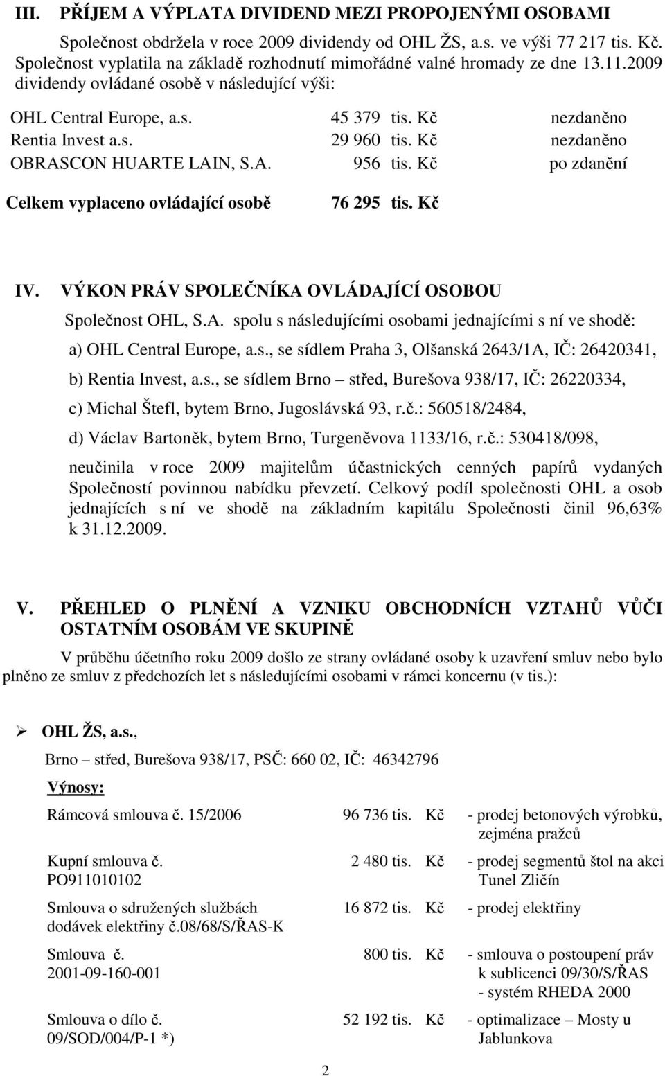 Kč nezdaněno OBRASCON HUARTE LAIN, S.A. 956 tis. Kč po zdanění Celkem vyplaceno ovládající osobě 76 295 tis. Kč IV. VÝKON PRÁV SPOLEČNÍKA OVLÁDAJÍCÍ OSOBOU Společnost OHL, S.A. spolu s následujícími osobami jednajícími s ní ve shodě: a) OHL Central Europe, a.