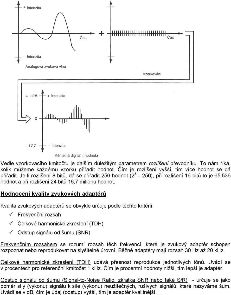 Hodnocení kvality zvukových adaptérů Kvalita zvukových adaptérů se obvykle určuje podle těchto kritérií: Frekvenční rozsah Celkové harmonické zkreslení (TDH) Odstup signálu od šumu (SNR) Frekvenčním