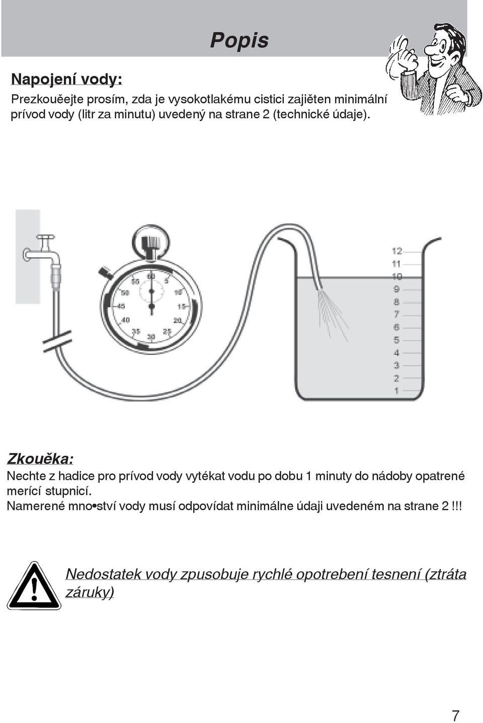 Zkouška: Nechte z hadice pro prívod vody vytékat vodu po dobu 1 minuty do nádoby opatrené merící