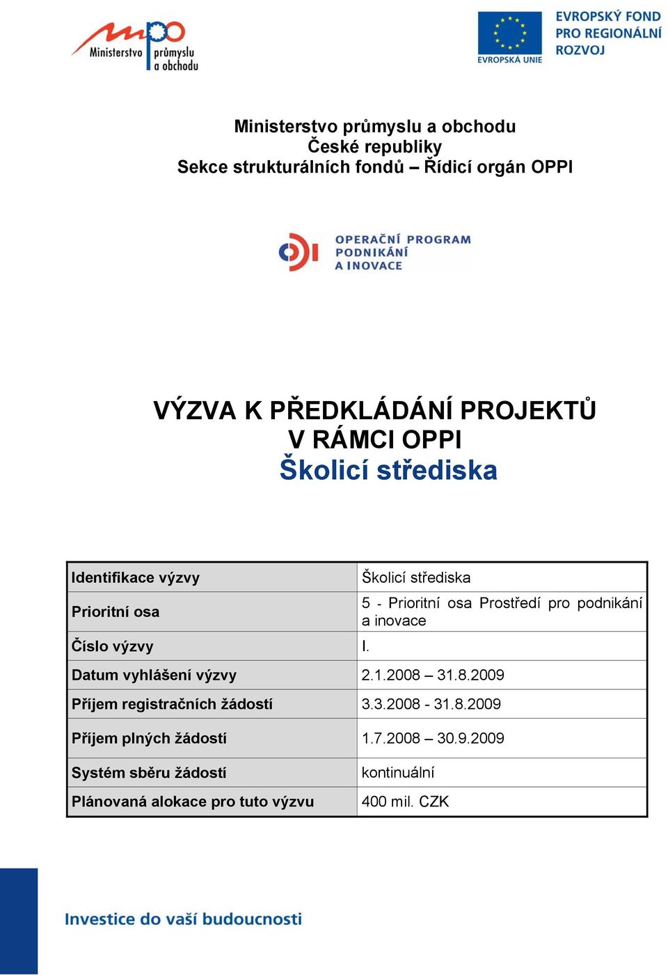 Školicí střediska 5 - Prioritní osa Prostředí pro podnikání a inovace Datum vyhlášení výzvy 2.1.2008 