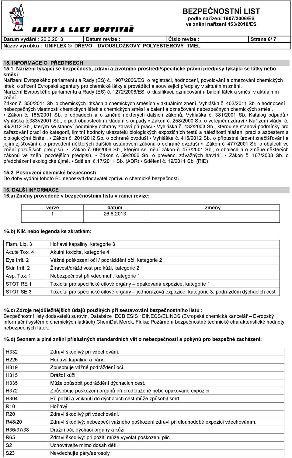 Nařízení Evropského parlamentu a Rady (ES) č. 1272/2008/ES o klasifikaci, označování a balení látek a směsí v aktuálním znění. Zákon č. 350/2011 Sb.