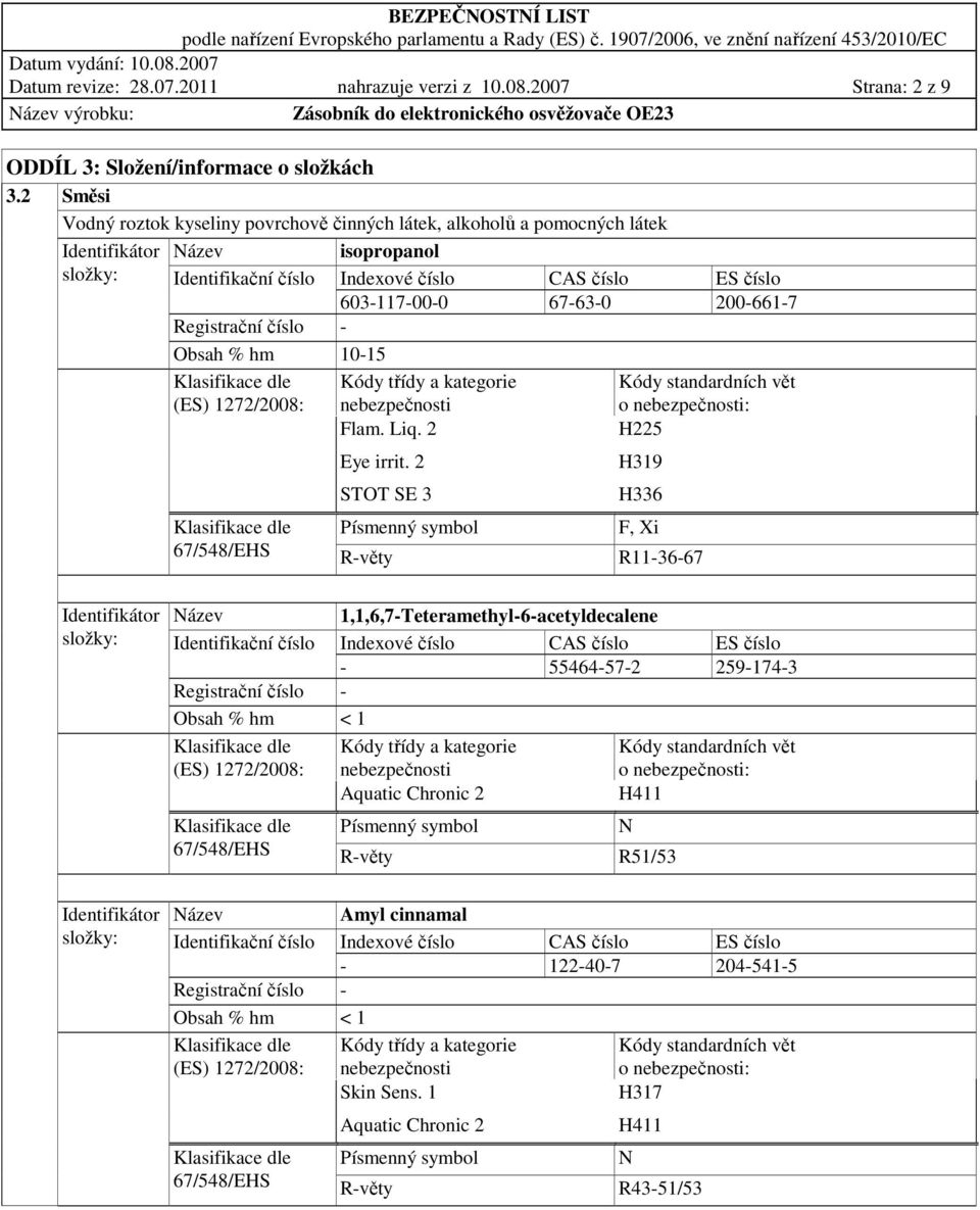 200-661-7 Obsah % hm 10-15 Klasifikace dle (ES) 1272/2008: Kódy třídy a kategorie nebezpečnosti Flam. Liq. 2 H225 Eye irrit.