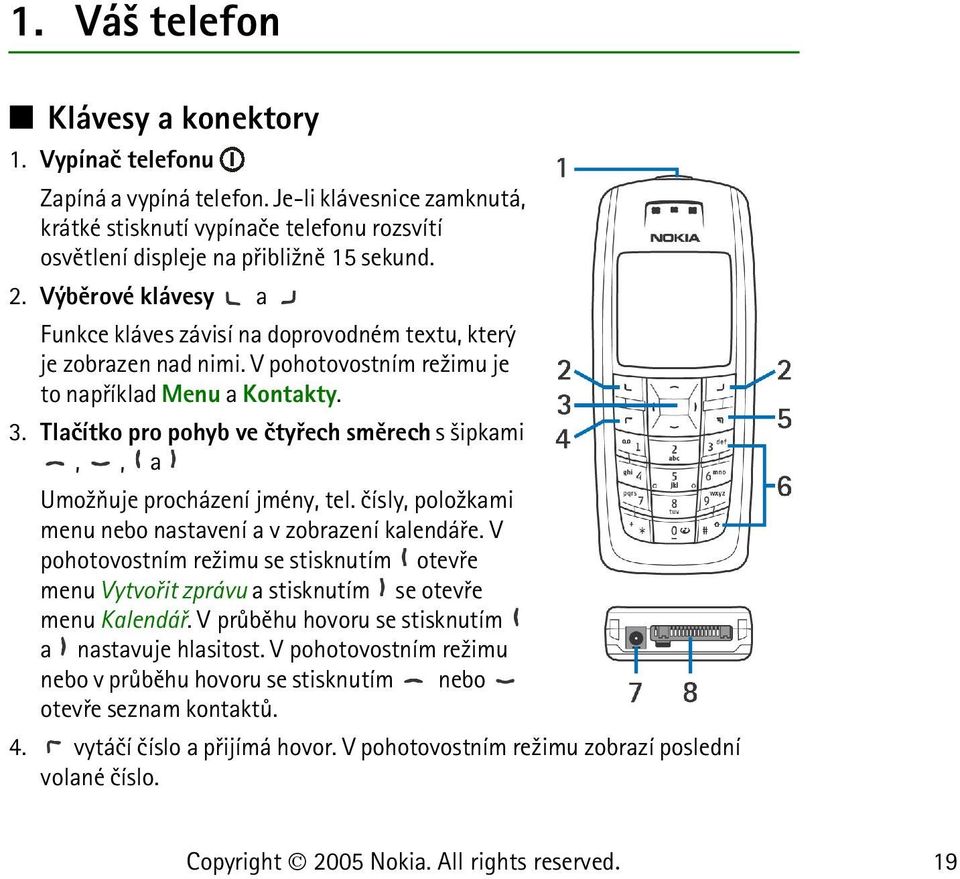 Tlaèítko pro pohyb ve ètyøech smìrech s ¹ipkami,, a Umo¾òuje procházení jmény, tel. èísly, polo¾kami menu nebo nastavení a v zobrazení kalendáøe.