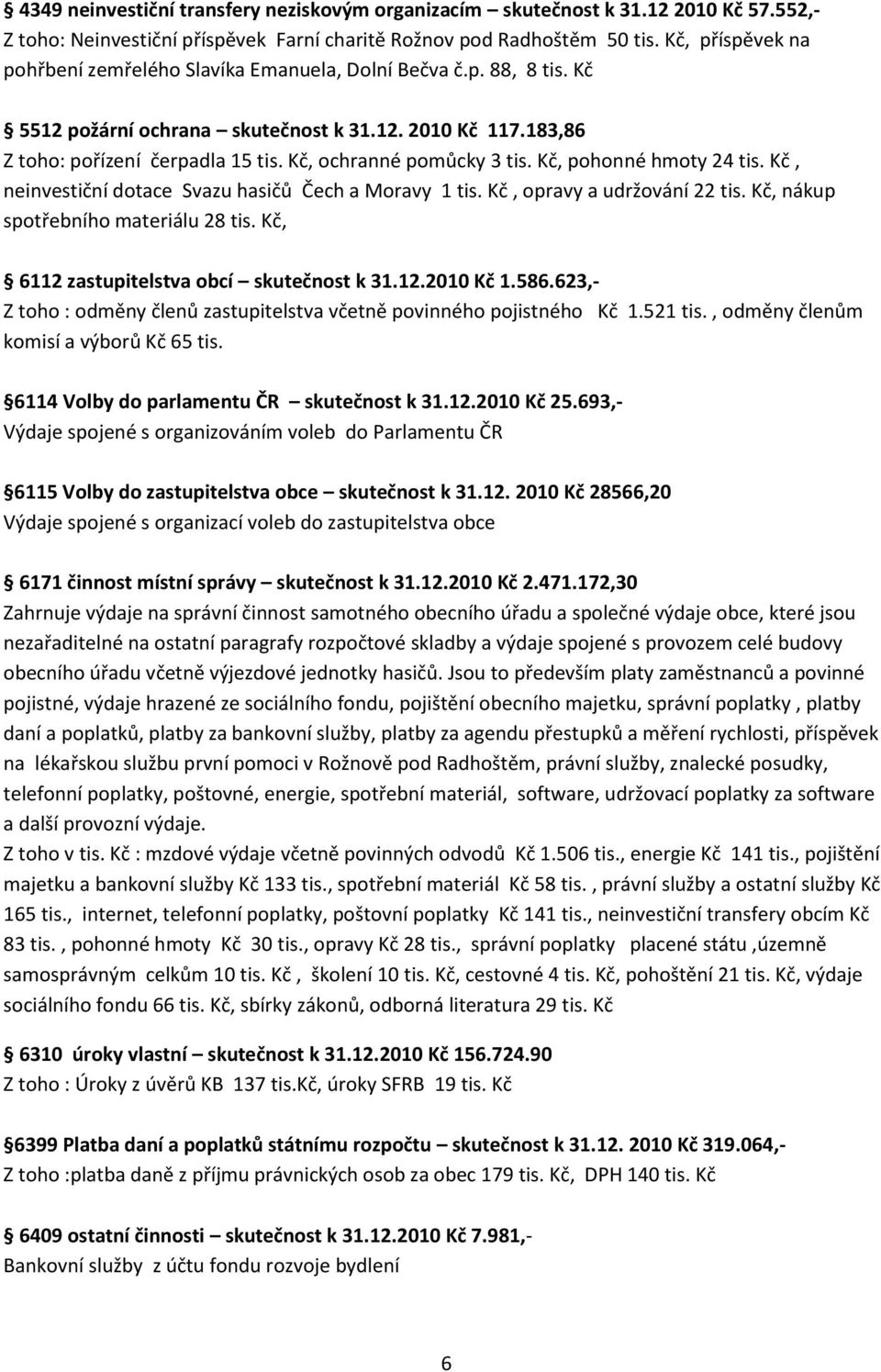 Kč, ochranné pomůcky 3 tis. Kč, pohonné hmoty 24 tis. Kč, neinvestiční dotace Svazu hasičů Čech a Moravy 1 tis. Kč, opravy a udržování 22 tis. Kč, nákup spotřebního materiálu 28 tis.