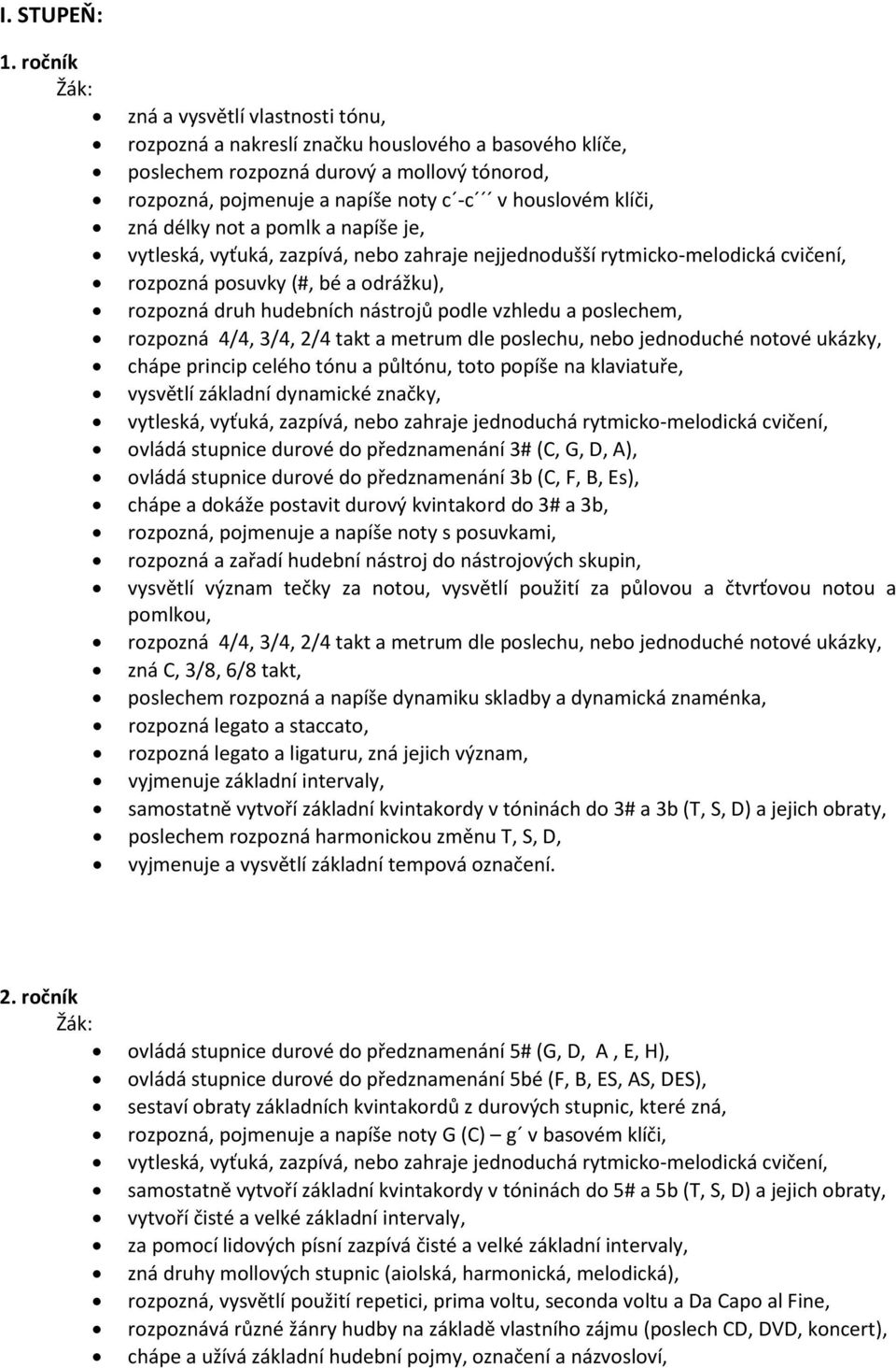 zná délky not a pomlk a napíše je, vytleská, vyťuká, zazpívá, nebo zahraje nejjednodušší rytmicko-melodická cvičení, rozpozná posuvky (#, bé a odrážku), rozpozná druh hudebních nástrojů podle vzhledu