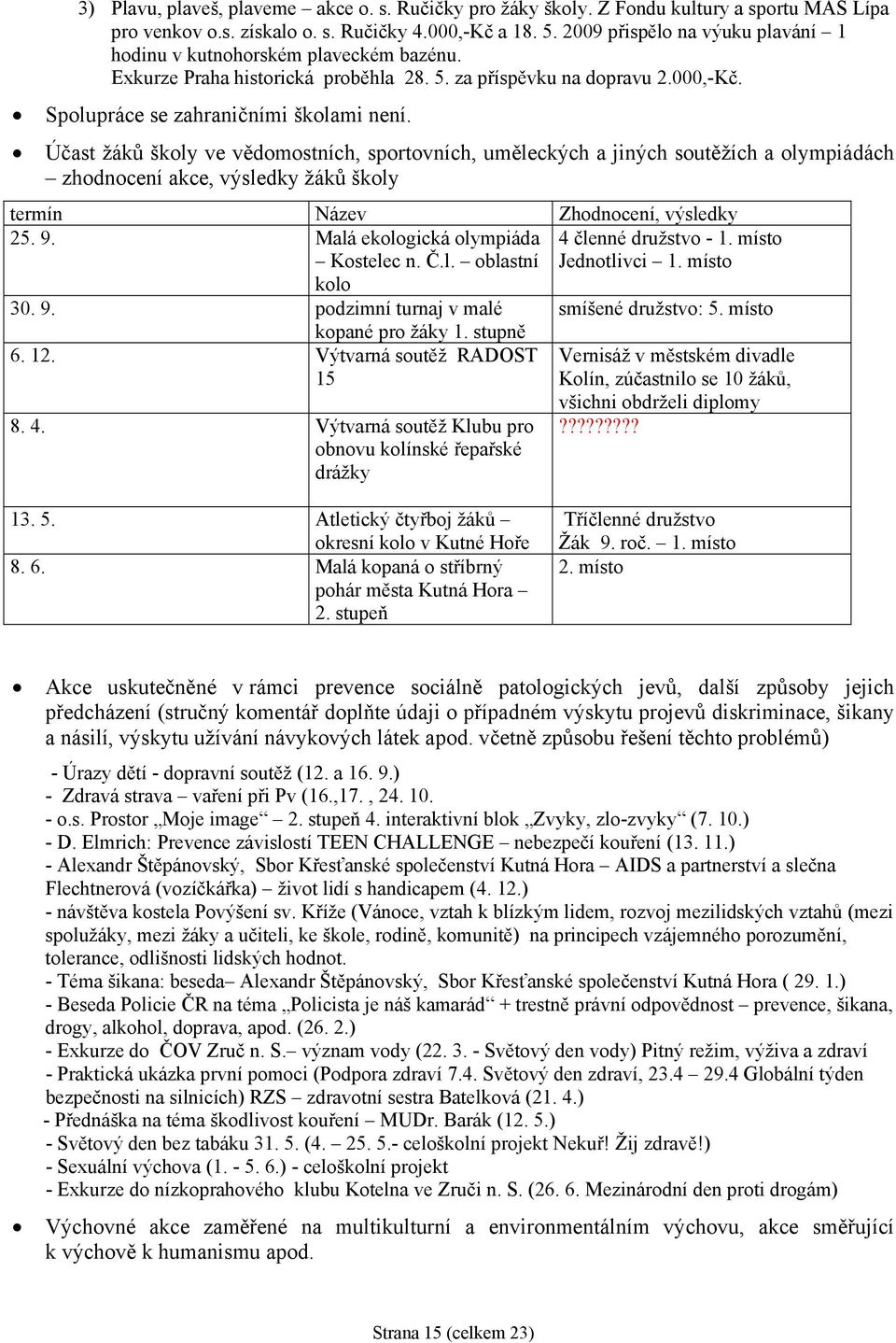 Účast žáků školy ve vědomostních, sportovních, uměleckých a jiných soutěžích a olympiádách zhodnocení akce, výsledky žáků školy termín Název Zhodnocení, výsledky 25. 9.