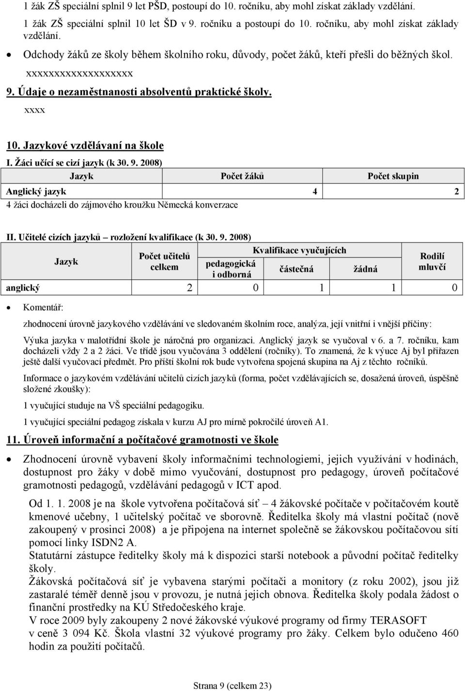 Údaje o nezaměstnanosti absolventů praktické školy. xxxx 10. Jazykové vzdělávaní na škole I. Žáci učící se cizí jazyk (k 30. 9.