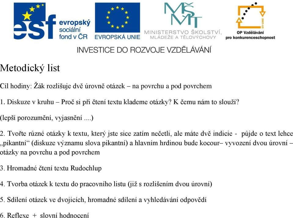 Tvořte různé otázky k textu, který jste sice zatím nečetli, ale máte dvě indicie - půjde o text lehce pikantní (diskuze významu slova pikantní) a hlavním