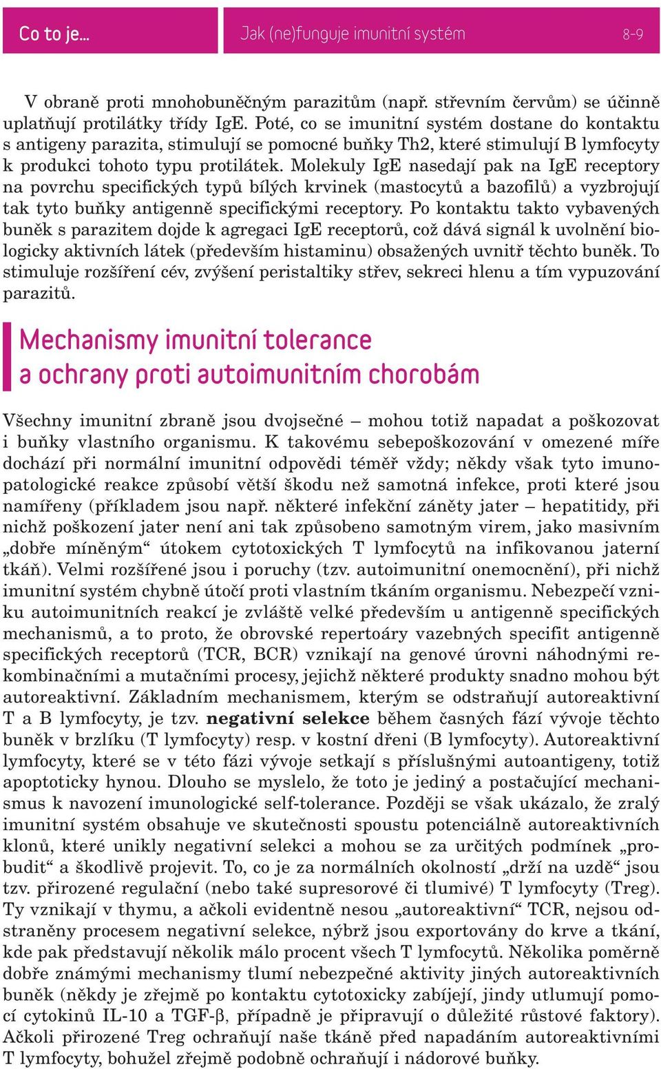 Molekuly IgE nasedají pak na IgE receptory na povrchu specifických typů bílých krvinek (mastocytů a bazofilů) a vyzbrojují tak tyto buňky antigenně specifickými receptory.