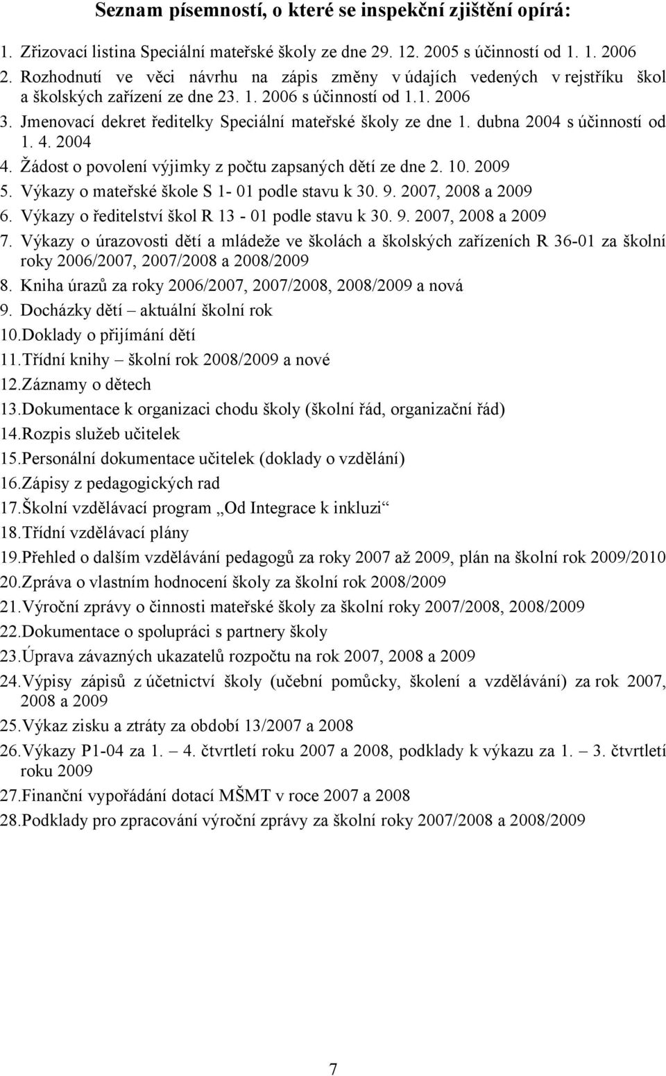 Jmenovací dekret ředitelky Speciální mateřské školy ze dne 1. dubna 2004 s účinností od 1. 4. 2004 4. Žádost o povolení výjimky z počtu zapsaných dětí ze dne 2. 10. 2009 5.