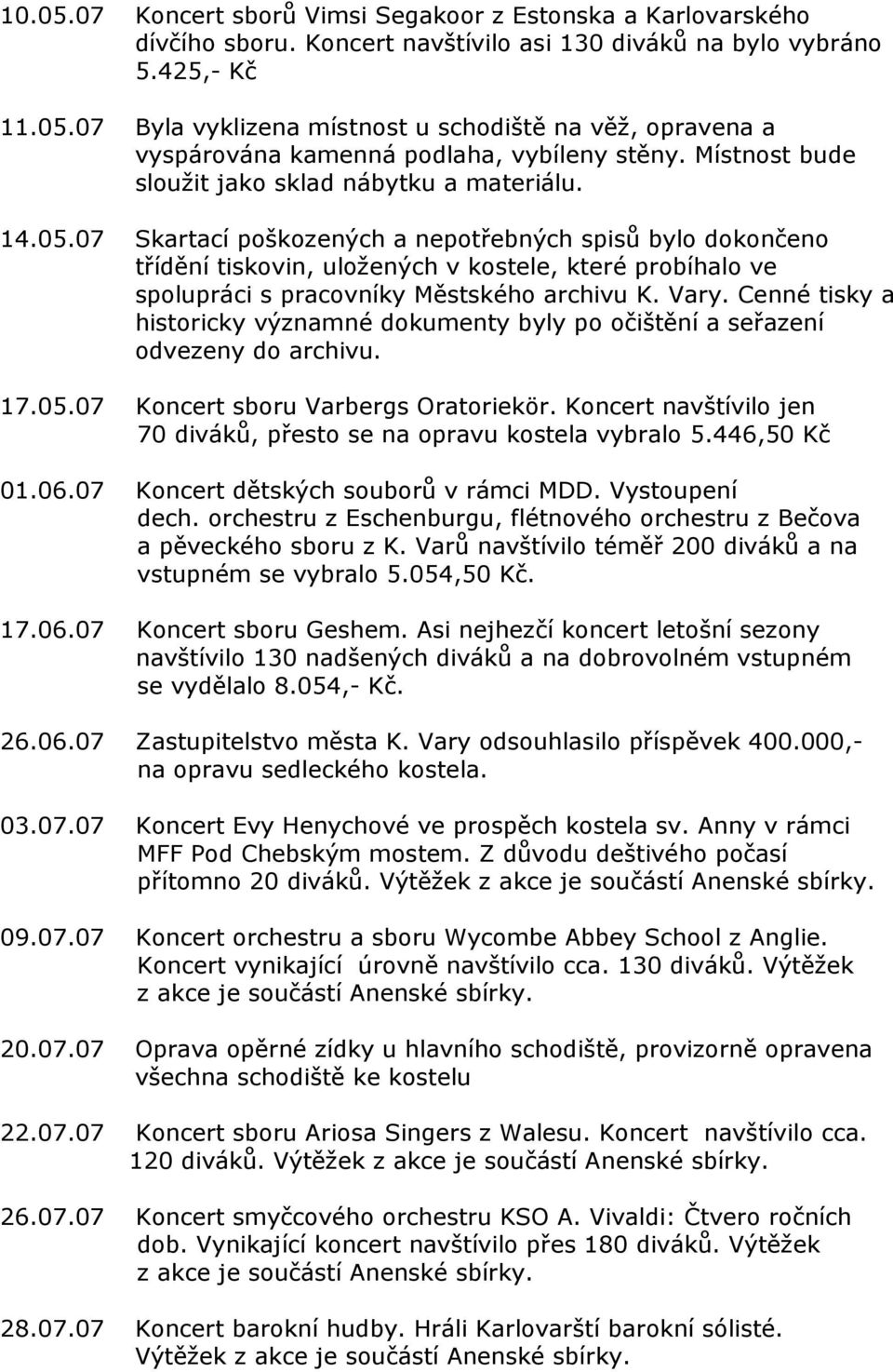 07 Skartací poškozených a nepotřebných spisů bylo dokončeno třídění tiskovin, uložených v kostele, které probíhalo ve spolupráci s pracovníky Městského archivu K. Vary.