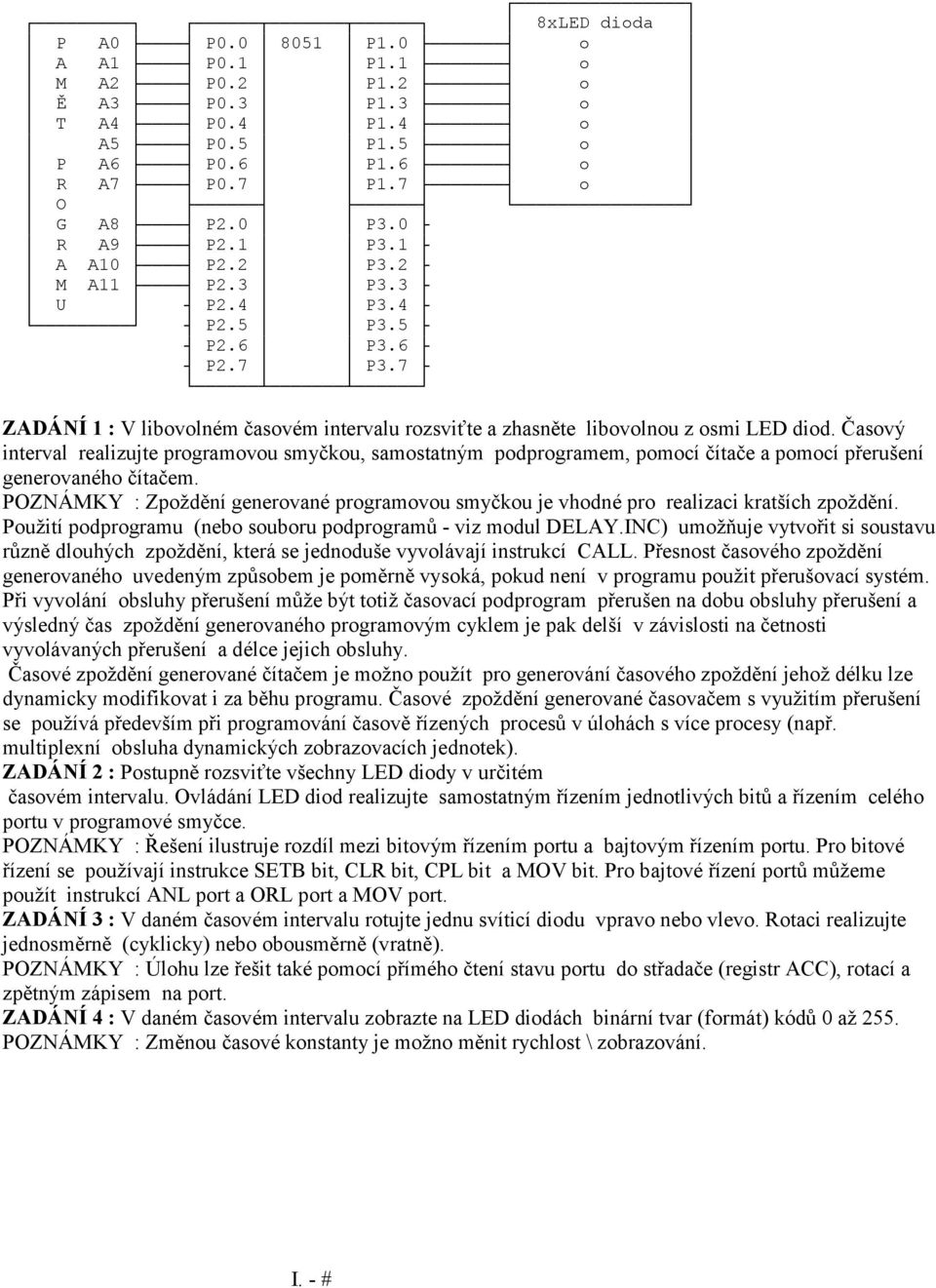 čítače a pomocí přerušení generovaného čítačem POZNÁMKY : Zpoždění generované programovou smyčkou je vhodné pro realizaci kratších zpoždění Použití podprogramu (nebo souboru podprogramů - viz modul