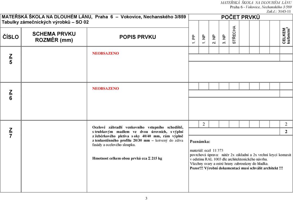 žebérkového pletiva s oky 40/40 mm, rám výplně z tenkostěnného profilu 20/30 mm kotvený do zdiva fasády a ocelového sloupku.