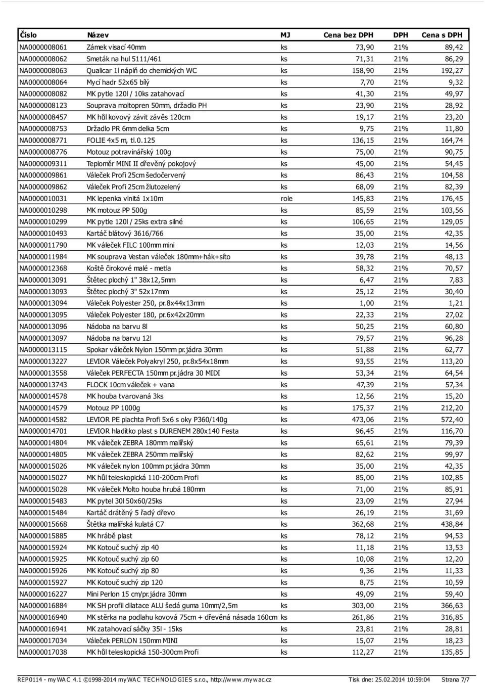 120cm ks 19,17 21% 23,20 NA0000008753 Držadlo PR 6mm delka 5cm ks 9,75 21% 11,80 NA0000008771 FOLIE 4x5 m, tl.0.125 ks 136,15 21% 164,74 NA0000008776 Motouz potravinářský 100g ks 75,00 21% 90,75