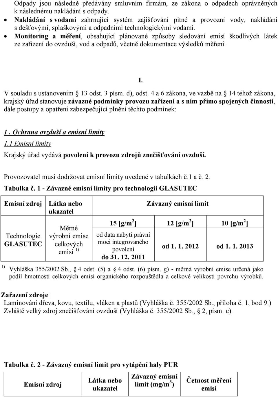 Monitoring a měření, obsahující plánované způsoby sledování emisí škodlivých látek ze zařízení do ovzduší, vod a odpadů, včetně dokumentace výsledků měření. I. V souladu s ustanovením 13 odst. 3 písm.