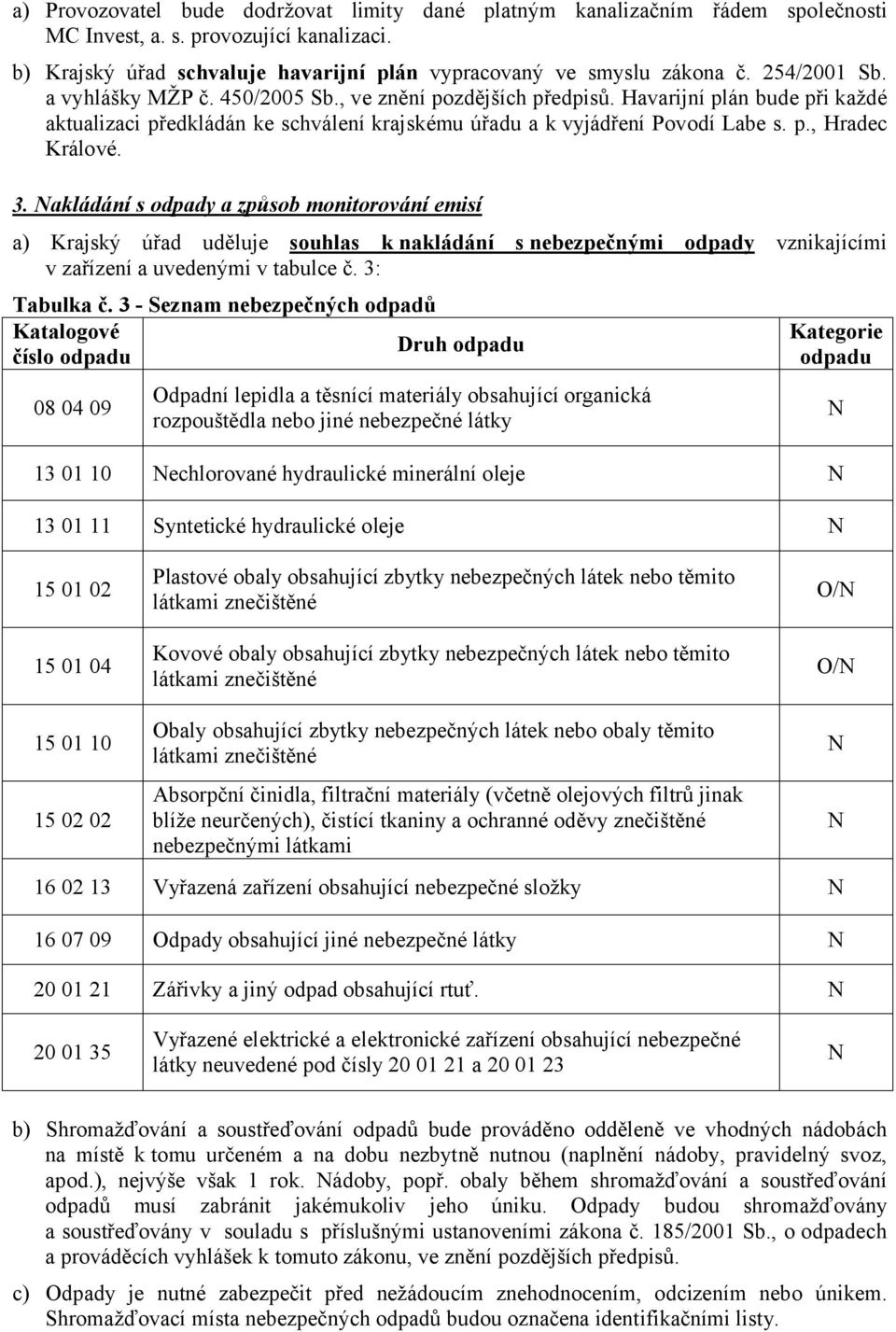 3. Nakládání s odpady a způsob monitorování emisí a) Krajský úřad uděluje souhlas k nakládání s nebezpečnými odpady vznikajícími v zařízení a uvedenými v tabulce č. 3: Tabulka č.