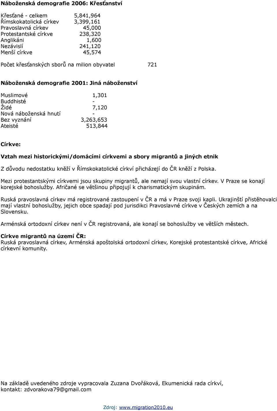 513,844 Církve: Vztah mezi historickými/domácími církvemi a sbory migrantů a jiných etnik Z důvodu nedostatku kněží v Římskokatolické církví přicházejí do ČR kněží z Polska.