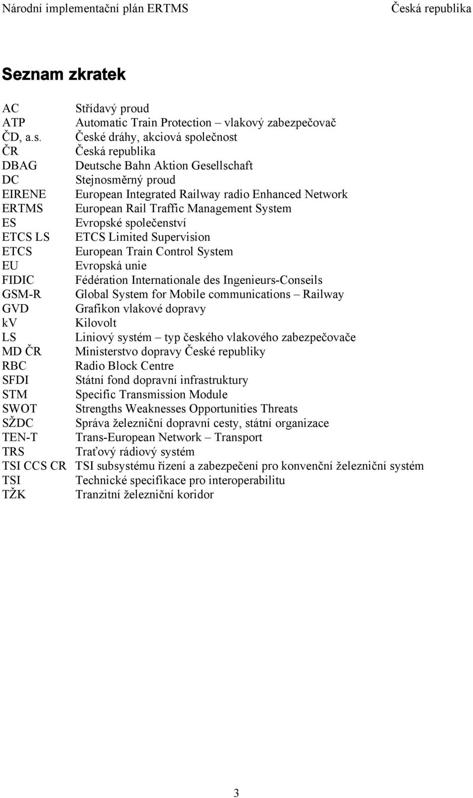 ES Evropské společenství ETCS LS ETCS Limited Supervision ETCS European Train Control System EU Evropská unie FIDIC Fédération Internationale des Ingenieurs-Conseils GSM-R Global System for Mobile