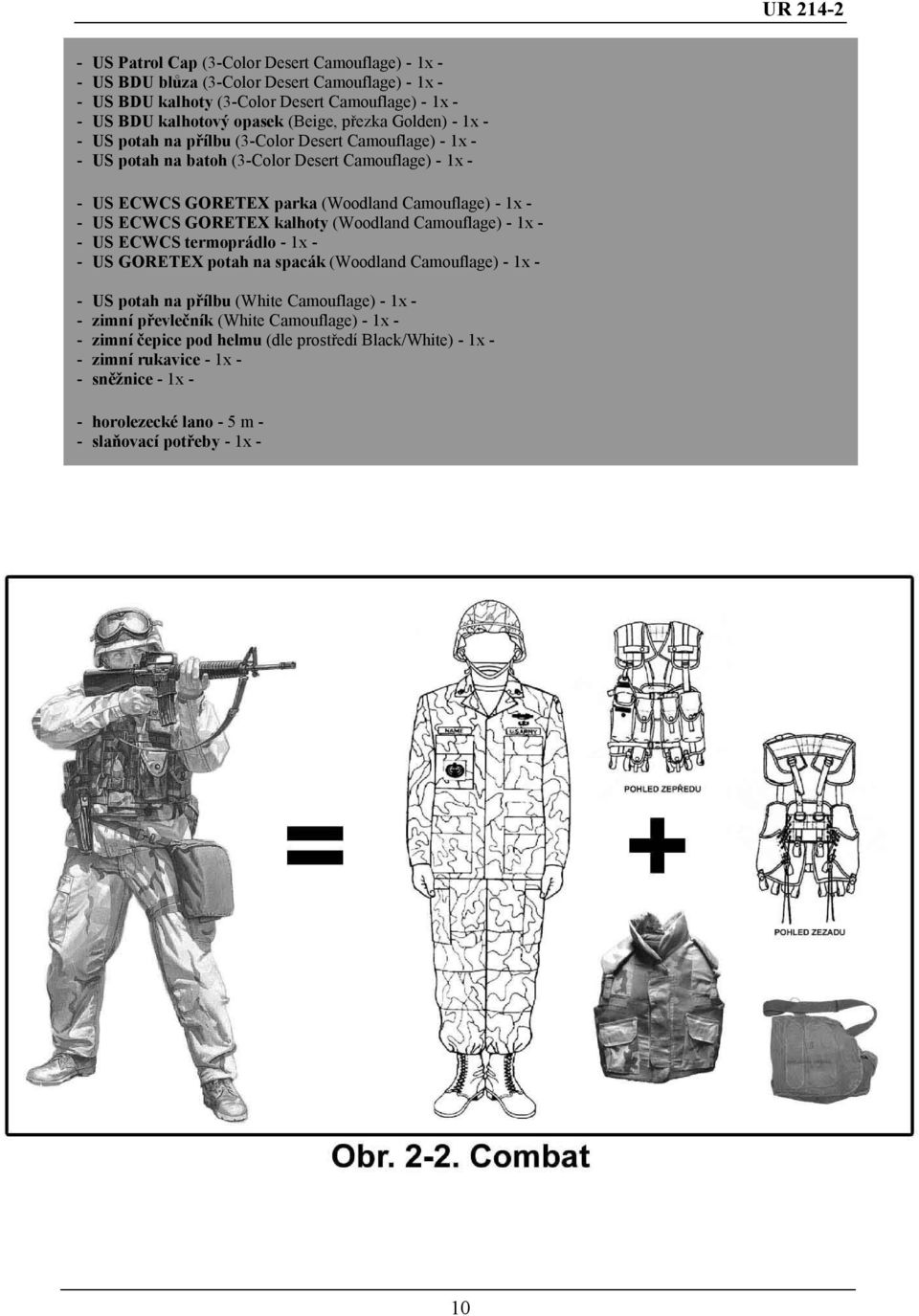 ECWCS GORETEX kalhoty (Woodland Camouflage) - 1x - - US ECWCS termoprádlo - 1x - - US GORETEX potah na spacák (Woodland Camouflage) - 1x - - US potah na přílbu (White Camouflage) - 1x - -