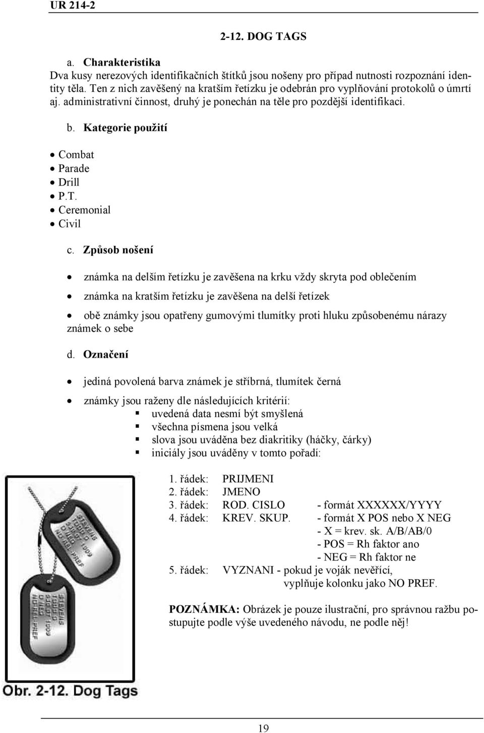 Kategorie použití Combat Parade Drill P.T. Ceremonial Civil c.