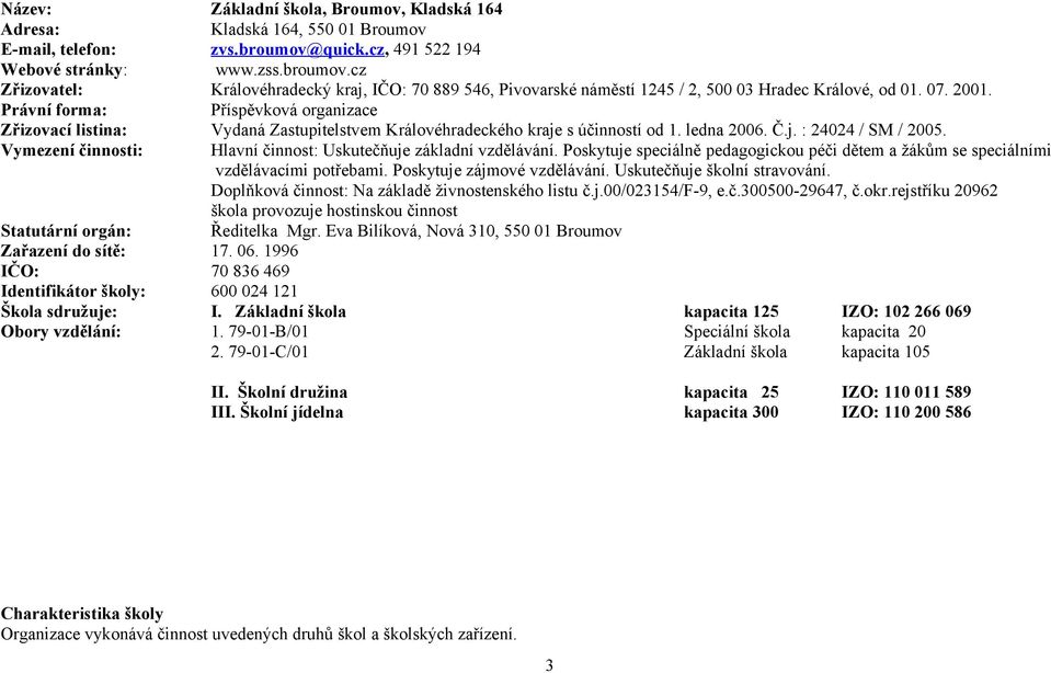 Právní forma: Příspěvková organizace Zřizovací listina: Vydaná Zastupitelstvem Královéhradeckého kraje s účinností od 1. ledna 2006. Č.j. : 24024 / SM / 2005.