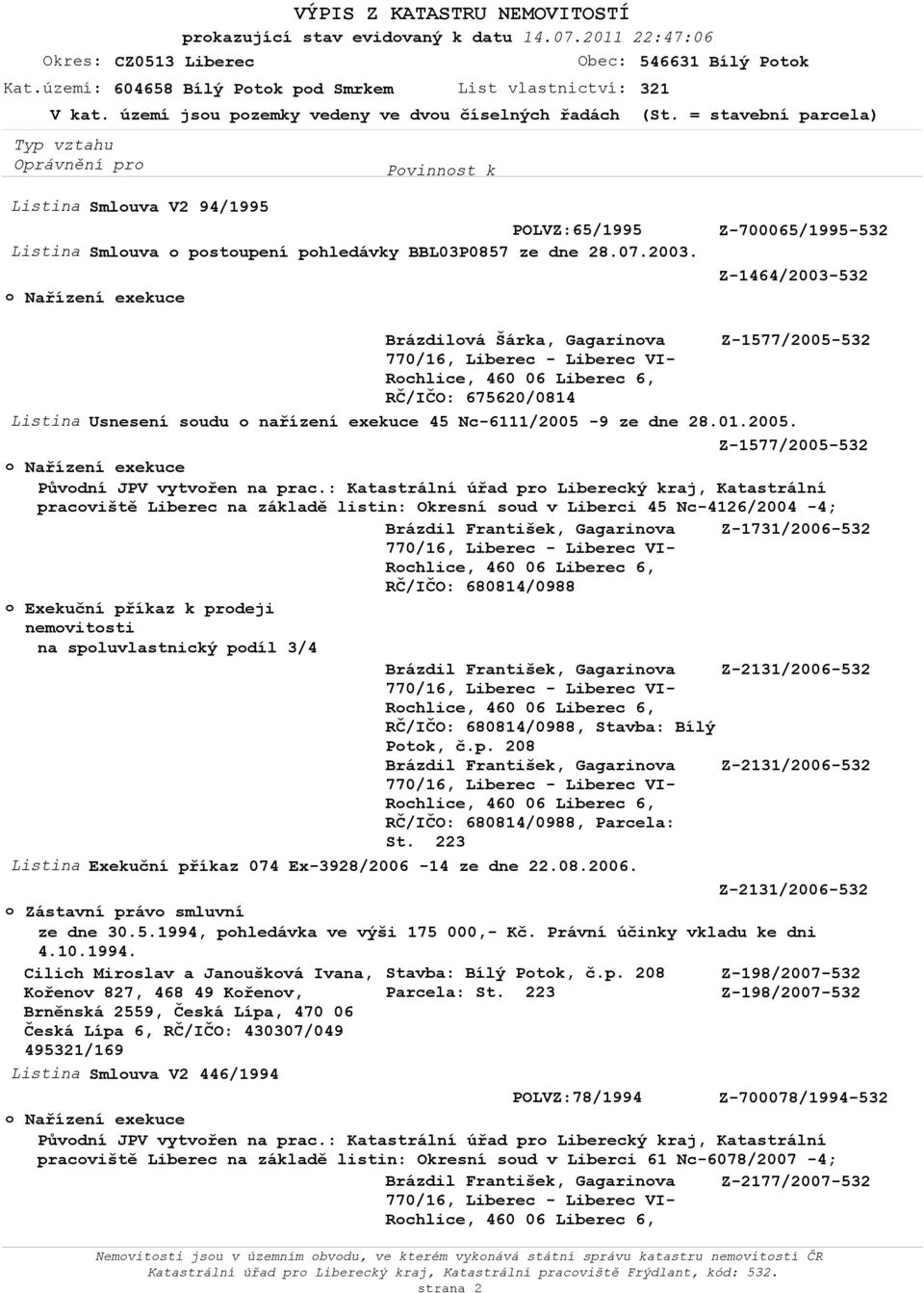 532 RČ/IČO: 675620/0814 Listina Usnesení soudu o nařízení exekuce 45 Nc-6111/2005-