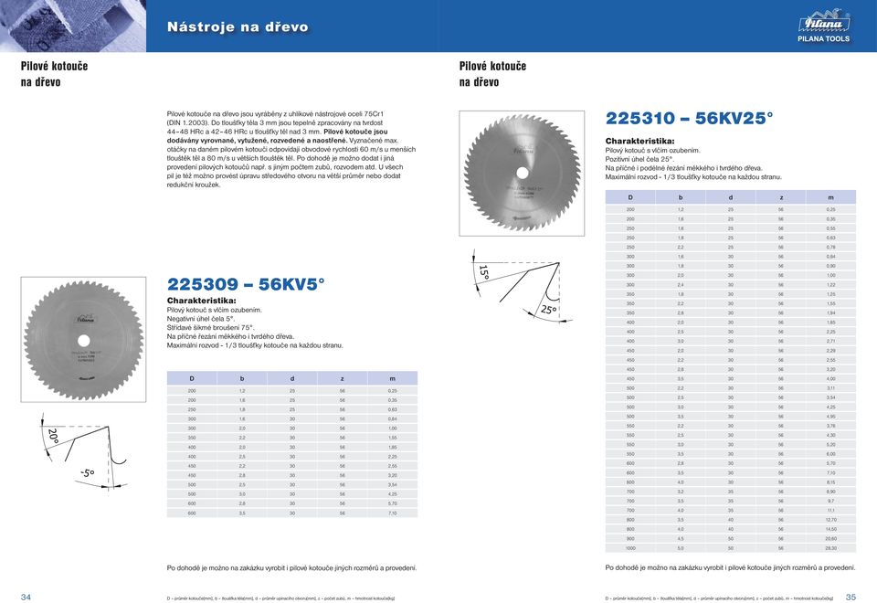 otáčky na daném pilovém kotouči odpovídají obvodové rychlosti 60 m/s u menších tlouštěk těl a 80 m/s u větších tlouštěk těl. Po dohodě je možno dodat i jiná provedení pilových kotoučů např.