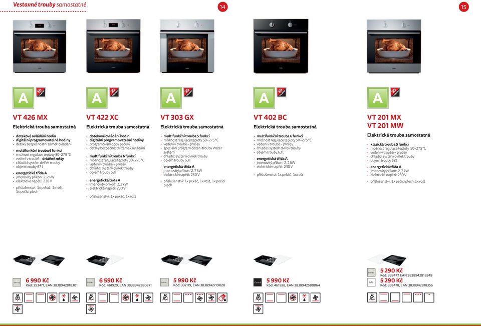 chladící systém dvířek trouby objem trouby 67 l energetická třída A jmenovitý příkon: 2,2 kw příslušenství: 1x pekáč, 1x rošt, 1x pečící plech dotekové ovládání hodin digitální programovatelné hodiny