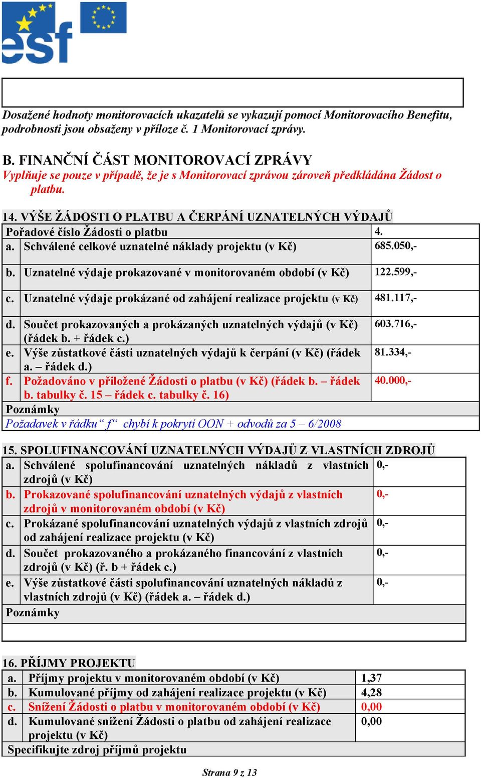 FINANČNÍ ČÁST MONITOROVACÍ ZPRÁVY Vyplňuje se pouze v případě, že je s Monitorovací zprávou zároveň předkládána Žádost o platbu. 14.