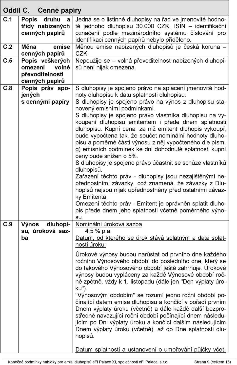 ISIN identifikační označení podle mezinárodního systému číslování pro identifikaci cenných papírů nebylo přiděleno. Měnou emise nabízených dluhopisů je česká koruna CZK.