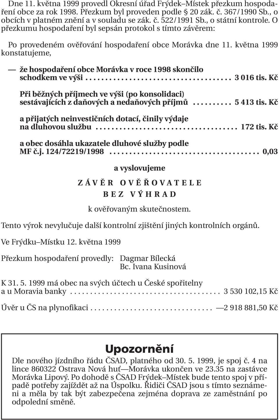 května 1999 konstatujeme, že hospodaření obce Morávka v roce 1998 skončilo schodkem ve výši..................................... 3 016 tis.