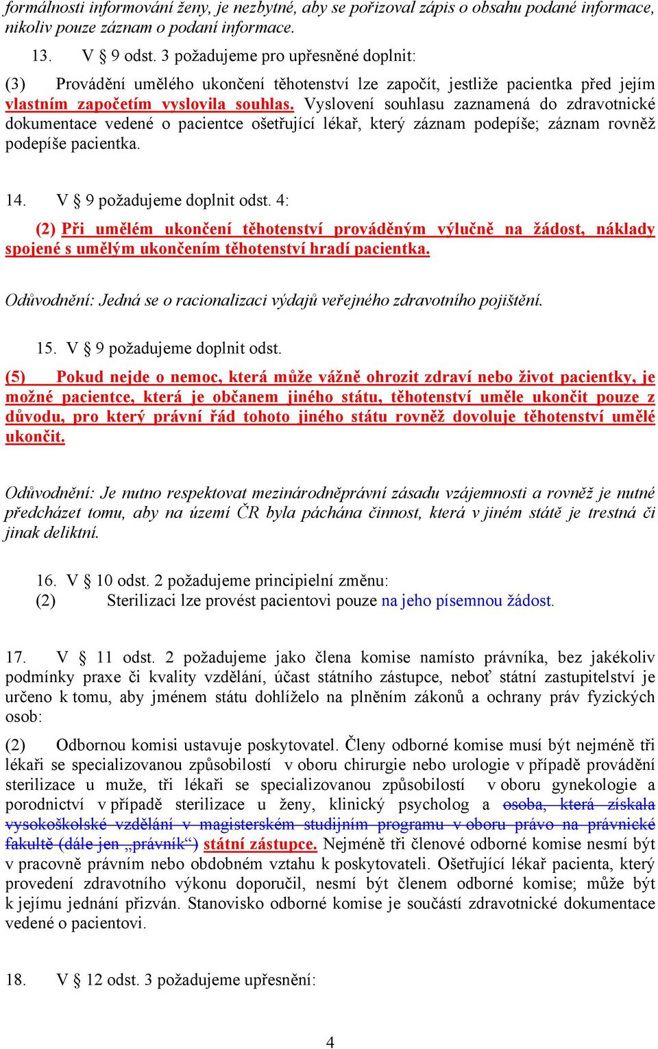 Vyslovení souhlasu zaznamená do zdravotnické dokumentace vedené o pacientce ošetřující lékař, který záznam podepíše; záznam rovněž podepíše pacientka. 14. V 9 požadujeme doplnit odst.