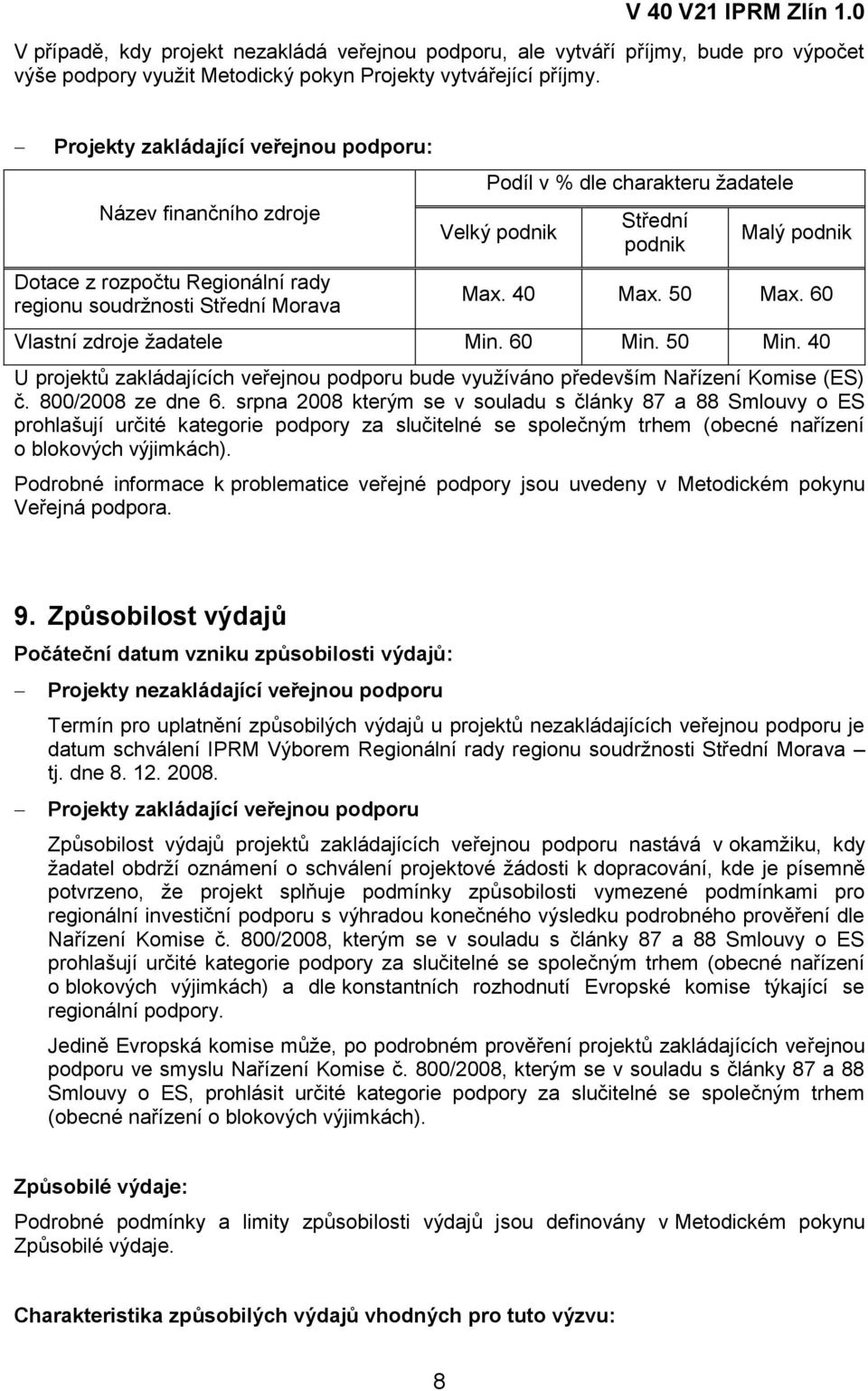 podnik Max. 40 Max. 50 Max. 60 Vlastní zdroje žadatele Min. 60 Min. 50 Min. 40 U projektů zakládajících veřejnou podporu bude využíváno především Nařízení Komise (ES) č. 800/2008 ze dne 6.