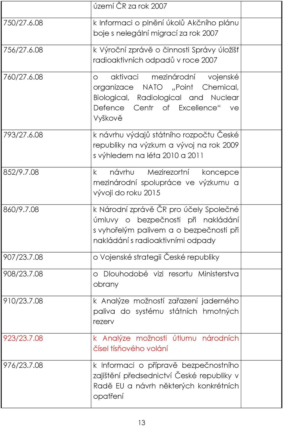 7.08 k návrhu Mezirezortní koncepce mezinárodní spolupráce ve výzkumu a vývoji do roku 2015 860/9.7.08 k Národní zprávě ČR pro účely Společné úmluvy o bezpečnosti při nakládání s vyhořelým palivem a o bezpečnosti při nakládání s radioaktivními odpady 907/23.