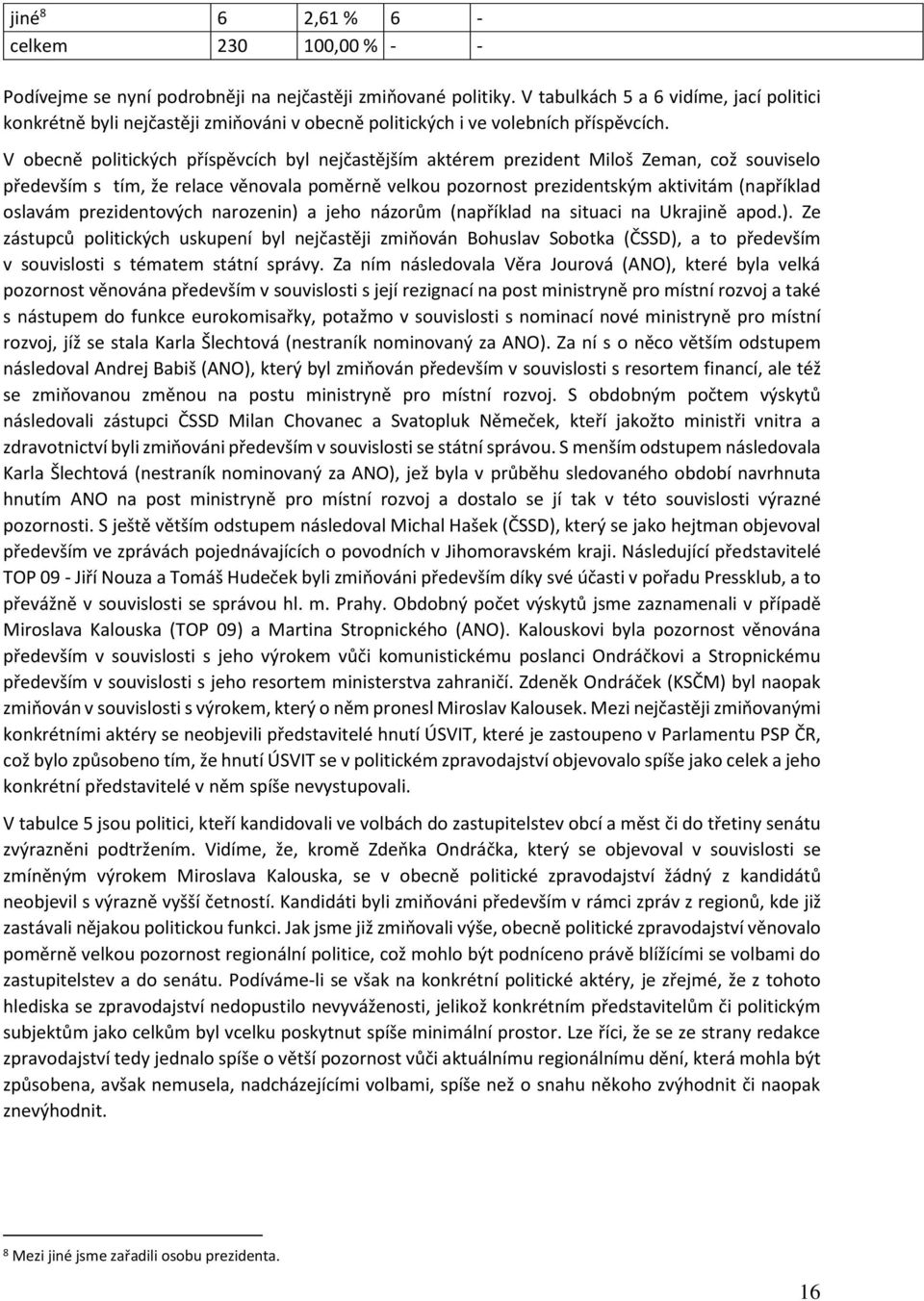 V obecně politických příspěvcích byl nejčastějším aktérem prezident Miloš Zeman, což souviselo především s tím, že relace věnovala poměrně velkou pozornost prezidentským aktivitám (například oslavám