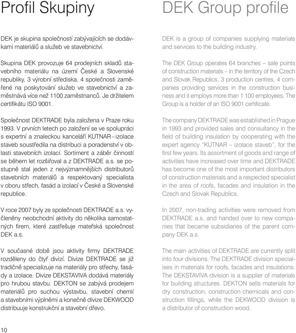 více než 1100 zaměstnanců. Je držitelem certifi kátu ISO 9001. Společnost DEKTRADE byla založena v Praze roku 1993.
