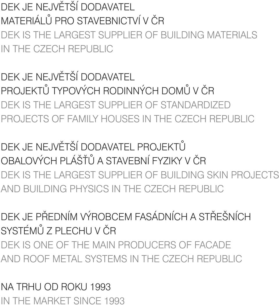 OBALOVÝCH PLÁŠŤŮ A STAVEBNÍ FYZIKY V ČR DEK IS THE LARGEST SUPPLIER OF BUILDING SKIN PROJECTS AND BUILDING PHYSICS IN THE CZECH REPUBLIC DEK JE PŘEDNÍM VÝROBCEM