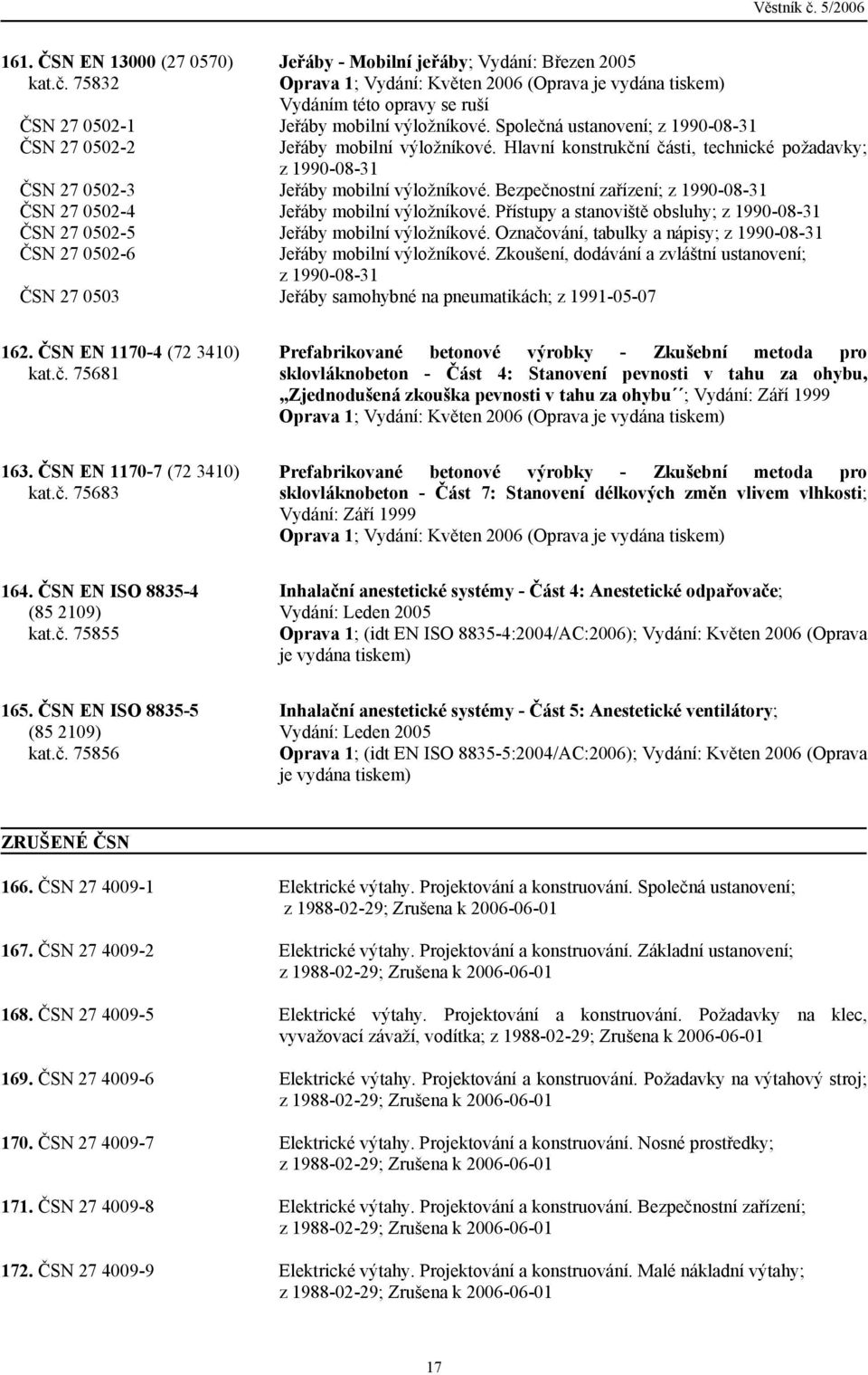 Společná ustanovení; z 1990-08-31 ČSN 27 0502-2 Jeřáby mobilní výložníkové. Hlavní konstrukční části, technické požadavky; z 1990-08-31 ČSN 27 0502-3 Jeřáby mobilní výložníkové.