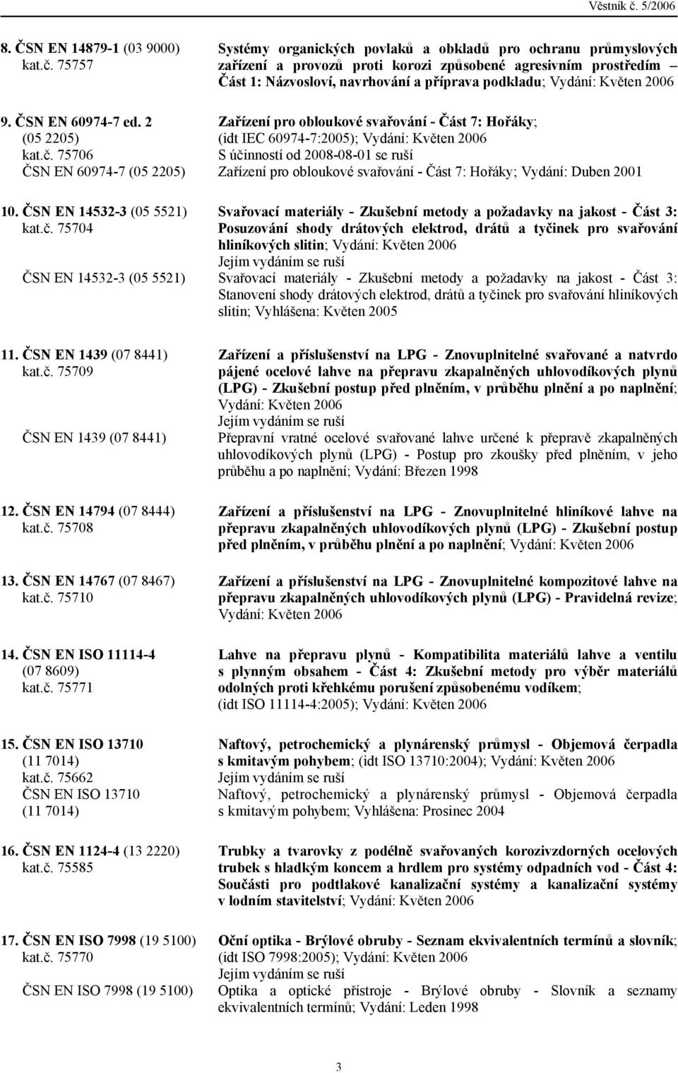 2006 9. ČSN EN 60974-7 ed. 2 Zařízení pro obloukové svařování - Část 7: Hořáky; (05 2205) (idt IEC 60974-7:2005); Vydání: Květen 2006 kat.č.