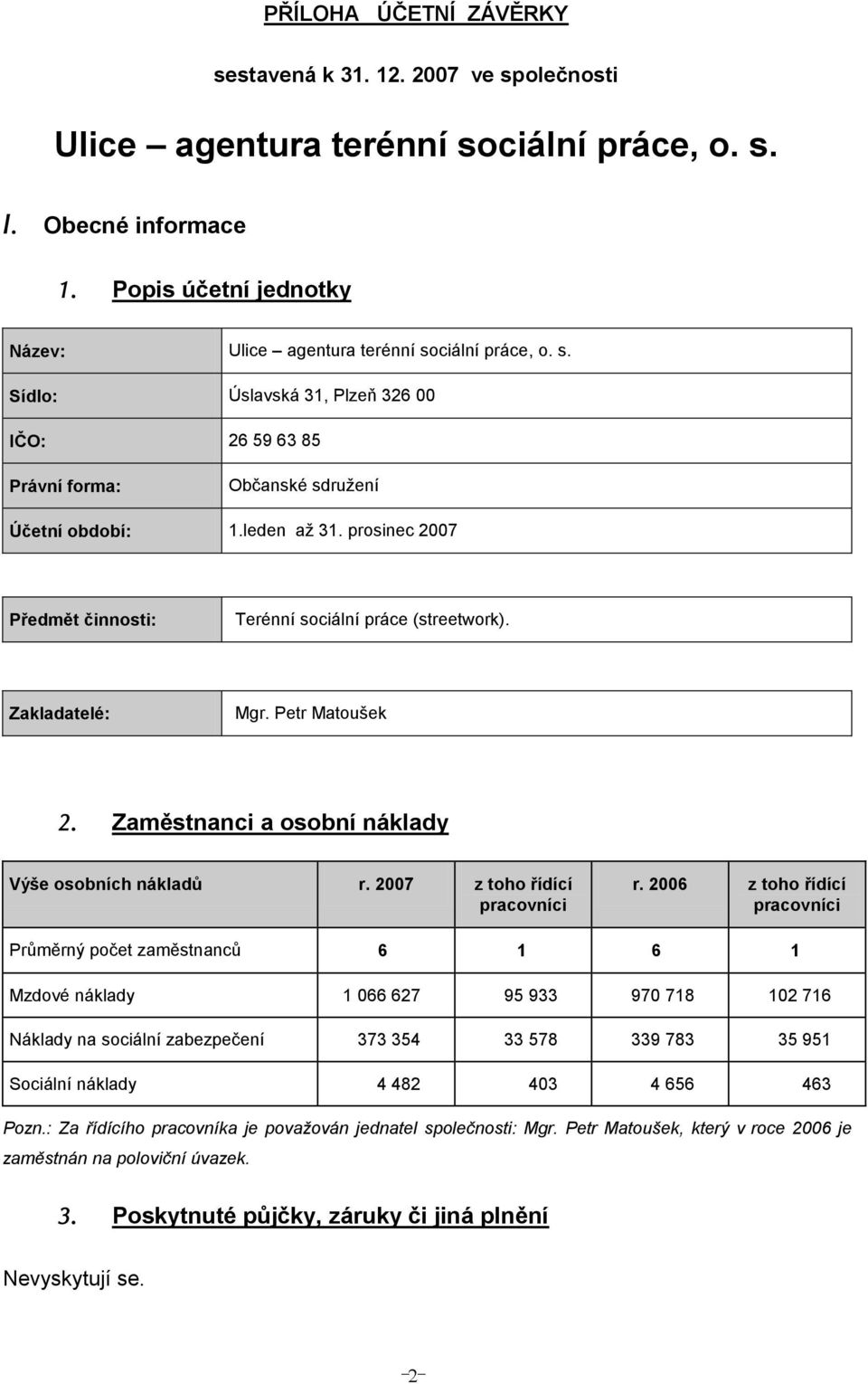 prosinec 2007 Předmět činnosti: Terénní sociální práce (streetwork). Zakladatelé: Mgr. Petr Matoušek 2. Zaměstnanci a osobní náklady Výše osobních nákladů r. 2007 z toho řídící pracovníci r.