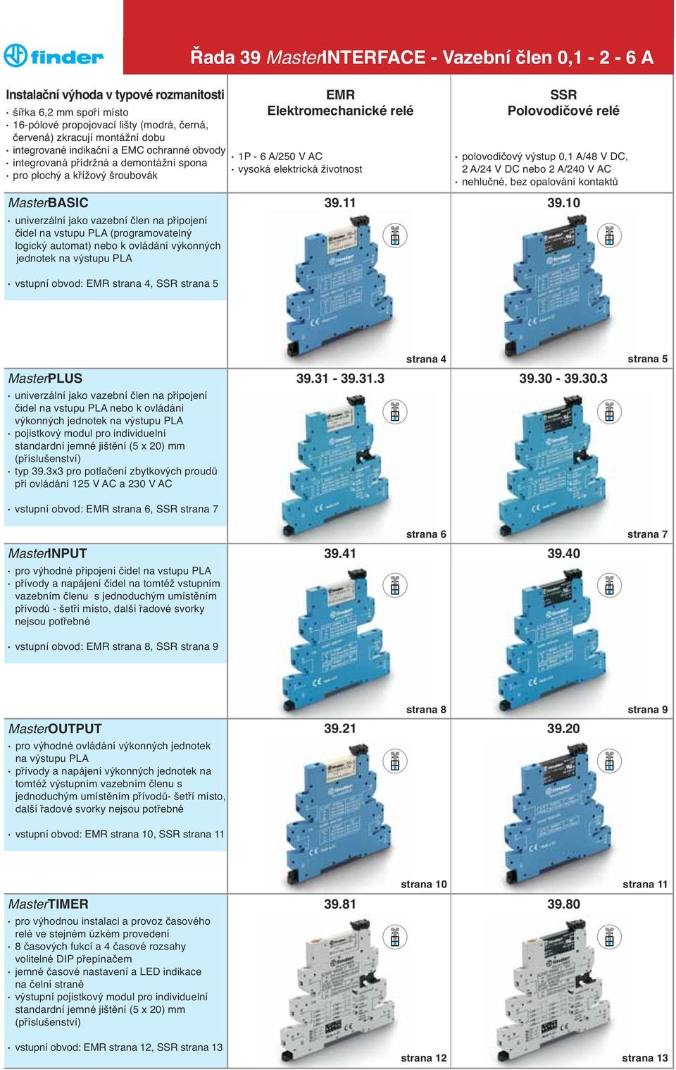 vstupu PLA (programovatelný logický automat) nebo k ovládání výkonných jednotek na výstupu PLA vstupní obvod: EMR strana 4, SSR strana 5 Řada 39 MasterINTERFACE - Vazební člen 0,1-2 - 6 A SSR