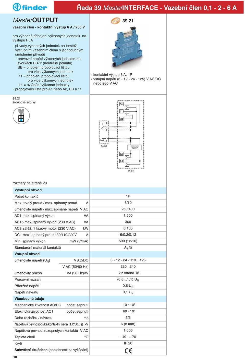 jednotek 14 = ovládání výkonné jednotky propojovací lišta pro A1 nebo A2, BB a 11 39.21 kontaktní výstup 6 A, 1P vstupní napětí (6-12 - 24-125) V AC/DC nebo 230 V AC 39.