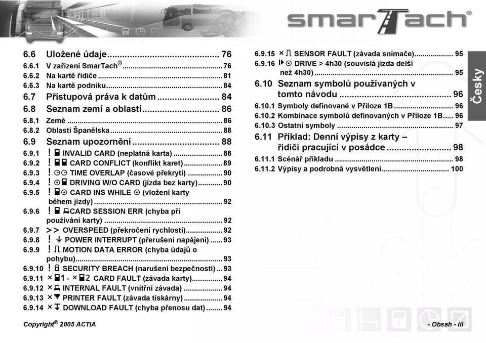 DRIVING W/O CARD (jízda bez karty)... 90 6.9.5! CARD INS WHILE (vložení karty během jízdy)... 92 6.9.6! CARD SESSION ERR (chyba při používání karty)... 92 6.9.7 >> OVERSPEED (překročení rychlosti).