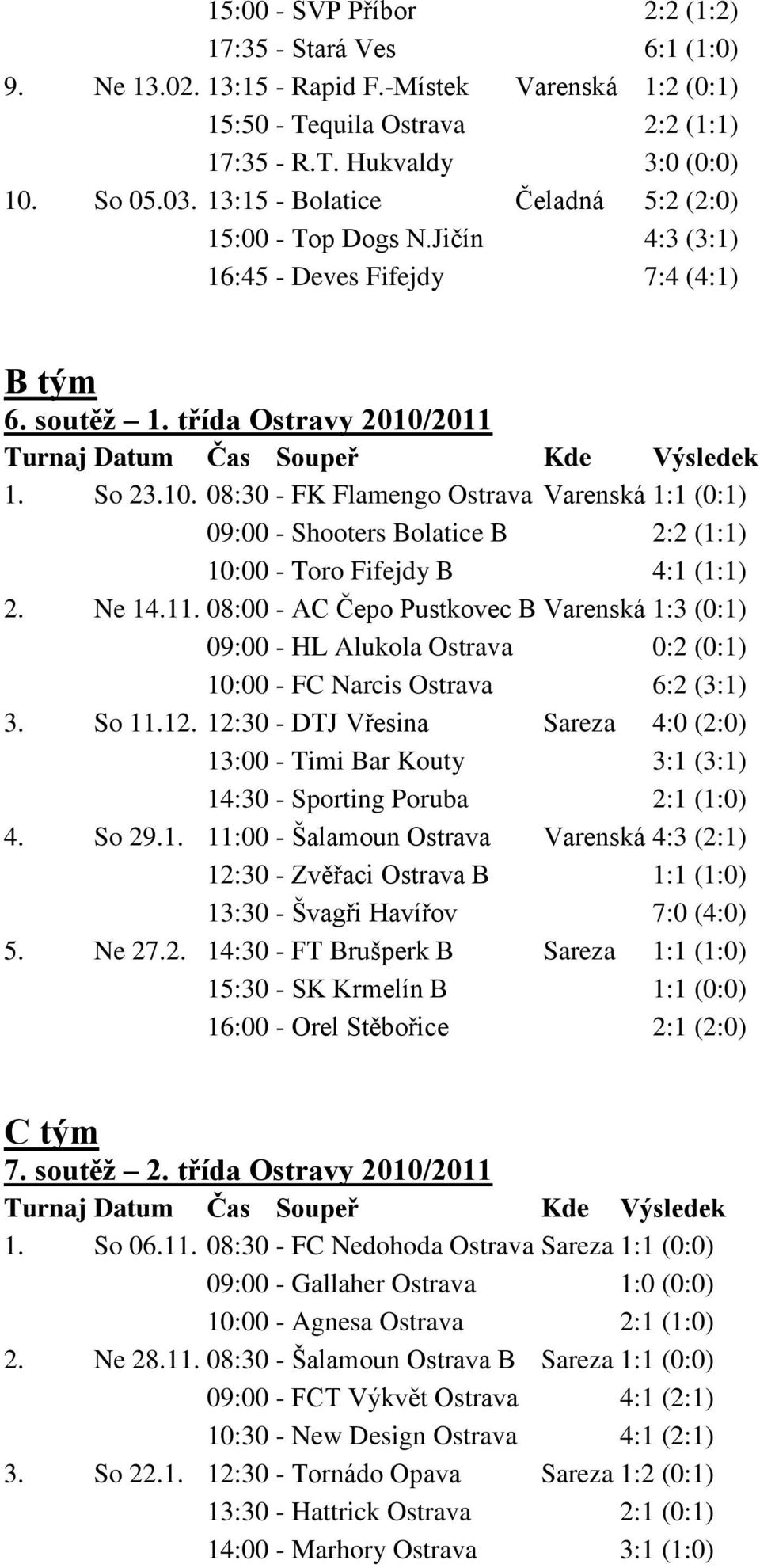 2011 Turnaj Datum Čas Soupeř Kde Výsledek 1. So 23.10. 08:30 - FK Flamengo Ostrava Varenská 1:1 (0:1) 09:00 - Shooters Bolatice B 2:2 (1:1) 10:00 - Toro Fifejdy B 4:1 (1:1) 2. Ne 14.11. 08:00 - AC Čepo Pustkovec B Varenská 1:3 (0:1) 09:00 - HL Alukola Ostrava 0:2 (0:1) 10:00 - FC Narcis Ostrava 6:2 (3:1) 3.