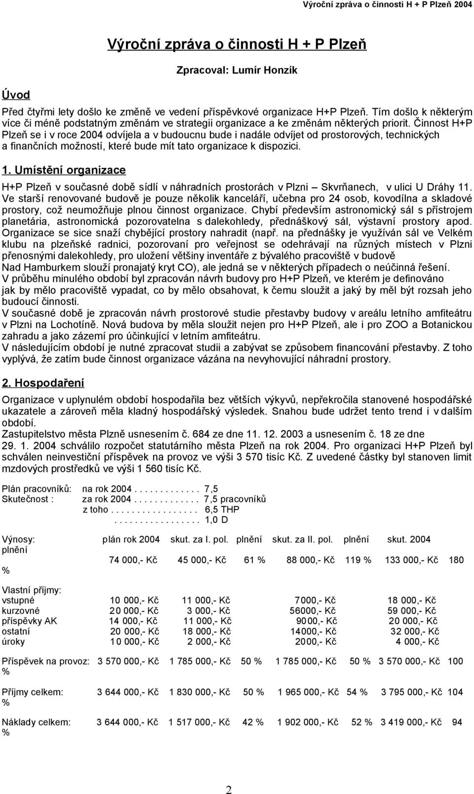 Činnost H+P Plzeň se i v roce 2004 odvíjela a v budoucnu bude i nadále odvíjet od prostorových, technických a finančních možností, které bude mít tato organizace k dispozici. 1.
